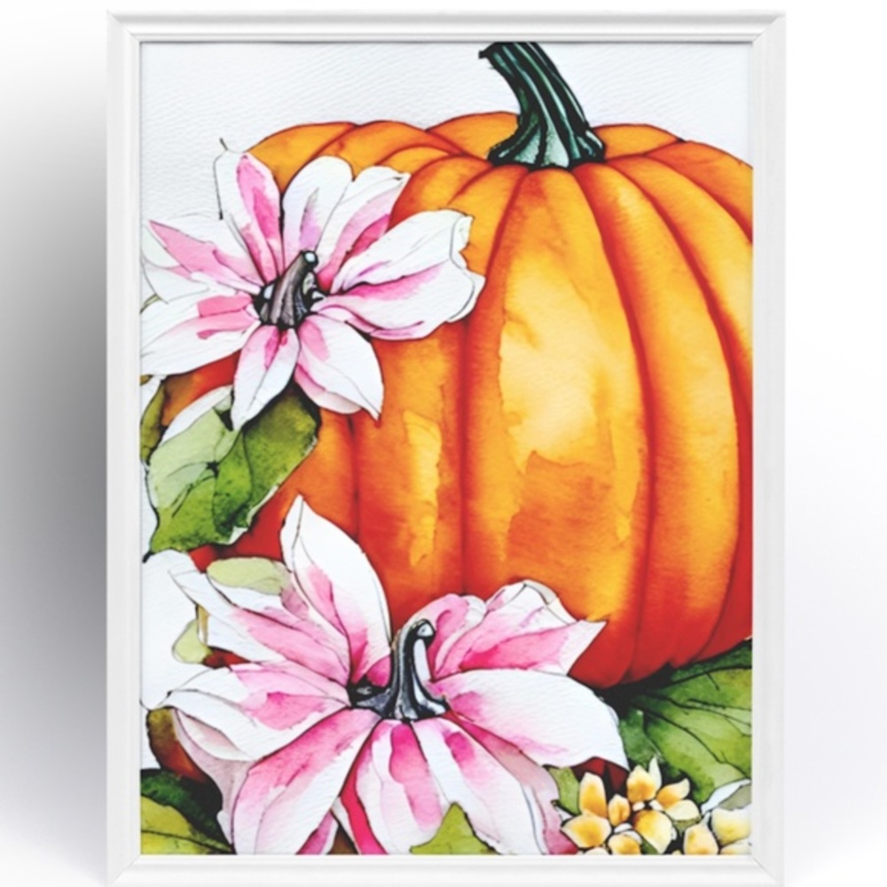 Wall Art Watercolor Floral Pumpkins Print Poster Card Unframed